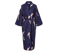 Women's Cotton Dressing Gown Kimono Robe/Lightweight 100% cotton. Hand-printed | Long Tailed Bird Red Cream on Dark Blue (Single Size: 122cm/48" length) …