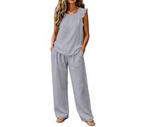 Womens Cotton Linen 2 Piece Co Ord Set Ruffle Sleeveless Tank Top & Side Pocket Straight Leg Trousers Solid Colour Womens Comfy Soft Tracksuits 2 Piece Set Summer Outfits Streetwear Trendy 2026