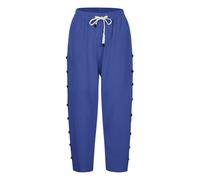 Women's Cotton Linen 7/8 Length Trousers - Summer Casual Solid Colour Pants with Side Row Buttons, Pockets Drawstring | Fashion Straight Seven-Quarter Trousers for Office Vacation (Blue, S)