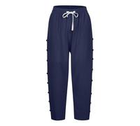 Women's Cotton Linen 7/8 Length Trousers - Summer Casual Solid Colour Pants with Side Row Buttons, Pockets Drawstring | Fashion Straight Seven-Quarter Trousers for Office Vacation (03 Navy, XXL)