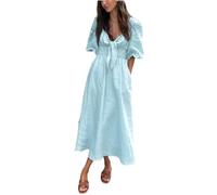 Women's Cotton Linen A-Line Casual Long Midi Dress Short Sleeves Vintage Solid Dresses Blue S