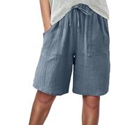 Womens Cotton Linen Bermuda Shorts Drawstring Elasticated High Waist Summer Knee Length Wide Leg Shorts Casual Loose Lightweight Holiday Beach Pants with Pockets