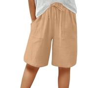 Womens Cotton Linen Bermuda Shorts Drawstring Elasticated High Waist Summer Knee Length Wide Leg Shorts Casual Loose Lightweight Holiday Beach Pants with Pockets