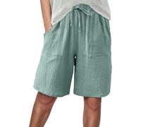 Womens Cotton Linen Bermuda Shorts Drawstring Elasticated High Waist Summer Knee Length Wide Leg Shorts Casual Loose Lightweight Holiday Beach Pants with Pockets