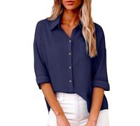 Women's Cotton Linen Blend 3/4 Sleeve Button Down Shirt Collared Loose Fit Blouse with Chest Pocket Lightweight Textured Casual Top Simplicity Elegant for Office (Dark Blue, S)