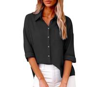 Women's Cotton Linen Blend 3/4 Sleeve Button Down Shirt Collared Loose Fit Blouse with Chest Pocket Lightweight Textured Casual Top Simplicity Elegant for Office (Black, S)