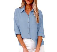 Women's Cotton Linen Blend 3/4 Sleeve Button Down Shirt Collared Loose Fit Blouse with Chest Pocket Lightweight Textured Casual Top Simplicity Elegant for Office (Light Blue, S)