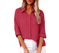 Women's Cotton Linen Blend 3/4 Sleeve Button Down Shirt Collared Loose Fit Blouse with Chest Pocket Lightweight Textured Casual Top Simplicity Elegant for Office (Red, S)