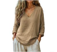 Women's Cotton Linen Blend V-Neck Long Sleeve Loose Fit Retro