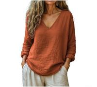 Women's Cotton Linen Blend V-Neck Long Sleeve Loose Fit Retro
