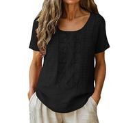 Women's Cotton Linen Blouses Short Sleeve Crewneck Embroidered Tops Summer Casual Lightweight Comfy Loose Fit Holiday Beach Shirt Floral top Black M