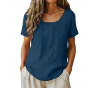 Women's Cotton Linen Blouses Short Sleeve Crewneck Embroidered Tops Summer Casual Lightweight Comfy Loose Fit Holiday Beach Shirt Women Tshirt Navy XXL