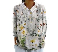 Women's Cotton Linen Button 3/4 Sleeve Shirts Summer Loose Crew Neck Casual Boho Top Vintage Embroidered Blouse Tops(X4-Green, L)
