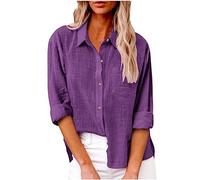 Womens Cotton Linen Button Down Shirt 2023 Casual Long Sleeve Solid Color Blouse Shirts Loose Work Tops with Pockets, #B-purple, S