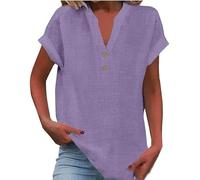Women's Cotton Linen Cap Sleeve T-Shirt Casual Button Down Cotton Tshirt Tops V Neck Blouses Loose Collared Shirt (purple,XX-Large)