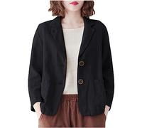 Womens Cotton Linen Casual Blazer Long Sleeve Suits Coat Blazers 2 Buttons Open Front Cardigan Suit Jacket Solid Color Lapel Ladies Work Formal Suit Jacket with Pockets Lightweight Jackets