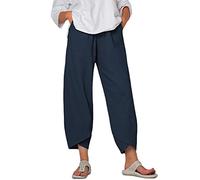 Women's Cotton Linen Casual Ninth Pants Straight Elastic Waist Pencil Pants Solid Color Leg Sculpting Cross Straight Pants with Pockets Yoga Pants (A-Navy Blue, L)