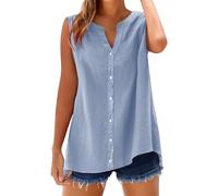 Womens Cotton Linen Casual Tank Tops Oversize Sleeveless V Neck Solid Color Button Down Shirts Ladies Summer 2025 Vacation Travel Trendy Blouses Plus Size Light Blue
