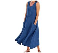 Women's Cotton Linen Crew Neck Sleeveless Loose Tank Maxi Dresses - Basic Beach & Elegant Summer Dresses With Pockets - Uk