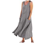 Women's Cotton Linen Crew Neck Sleeveless Loose Tank Maxi Dresses - Basic Beach & Elegant Summer Dresses With Pockets - Uk