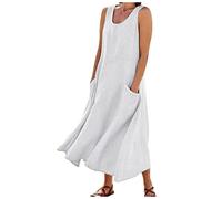 Women's Cotton Linen Crew Neck Sleeveless Loose Tank Maxi Dresses - Basic Beach & Elegant Summer Dresses With Pockets - Uk