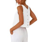 Women's Cotton Linen Crop Tank Tops Round Neck Basic Vest Tops for Women Solid Color Back Button Sleeveless Blouses Loose Fit Lightweight Breathable Crop Top Trendy Going Out Tees Beach Shirt White