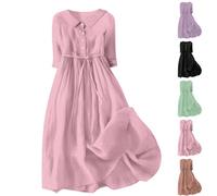 Women's Cotton Linen Dress UK Clearance, Ladies Tie Waist Dresses Button Up Sundress 3/4 Sleeve Dress Lapel Dresses A-Line Skirts Maxi Skirt Ruffle Clothes Loose Swing Costume Solid Casual Outfits