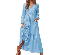 Womens Cotton Linen Dresses Long Sleeve Vintage Maxi Dress V Neck Solid Colour Retro Long Dresses Button Downs Loose Casual Vacation Wrap Dresse UK Sale Clearance Light Blue
