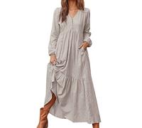 Womens Cotton Linen Dresses Long Sleeve Vintage Maxi Dress V Neck Solid Colour Retro Long Dresses Button Downs Loose Casual Vacation Wrap Dresse UK Sale Clearance Grey