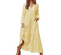 Womens Cotton Linen Dresses Long Sleeve Vintage Maxi Dress V Neck Solid Colour Retro Long Dresses Button Downs Loose Casual Vacation Wrap Dresse UK Sale Clearance Yellow