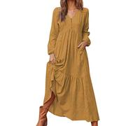 Womens Cotton Linen Dresses Long Sleeve Vintage Maxi Dress V Neck Solid Colour Retro Long Dresses Button Downs Loose Casual Vacation Wrap Dresse UK Sale Clearance Orange