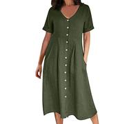 Women's Cotton Linen Dresses UK V-Neck Short Sleeves Dress Shirt Button Dress Ladies Loose Swing Sundress Midi Flowy Dresses Plain Plus Size Concert Prom Clothes Wedding Guest Outfits Army Green