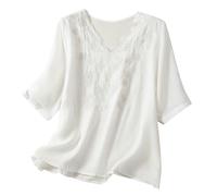 Womens Cotton Linen Embroidered Blouse Tops Plus Size 3/4 Sleeve Floral V Neck Boho Shirts Oversize Summer Beach Going Out Tunic Tshirt White
