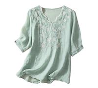 Womens Cotton Linen Embroidered Blouse Tops Plus Size 3/4 Sleeve Floral V Neck Boho Shirts Oversize Summer Beach Going Out Tunic Tshirt Blue