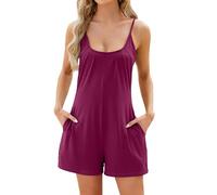 Womens Cotton Linen Jumpsuits Sleeveless Casual Onesie Short Rompers Playsuits Loose Adjustable Spaghetti Strap Bib Overalls Work Utility Safety Dungarees with Pockets Wine
