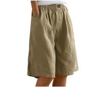 Womens Cotton Linen Knee Length Shorts Button High Waist Shorts Wide Leg Solid Shorts with Pockets Casual Workout Sports Shorts Khaki