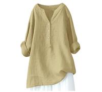 Womens Cotton Linen Long-Sleeved Shirt Solid Colour V-Neck Button Down Shirt Classic Loose Basic Shirt Plus Size Basic Cozy Classic Shirt Coat Holiday Adult Elegant Blouse Adult