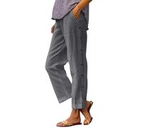 Women's Cotton Linen Loose Fit Trousers with Side Button Detail, Elastic Waist, Straight Leg, Casual Beach Pants for Summer, Comfortable and Stylish Long Pants for Ladies Straight Slacks Grey