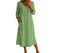 Women's Cotton Linen Midi Dress Casual Summer A Line Swing Dress 3/4 Sleeve Button Down Soft Comfy Dresses Ladies Elegant Dresses with Pocket Solid Loose Tunic Sundress Beach Holiday Wedding Travel Uk