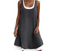 Women's Cotton Linen Midi Dress,Sleeveless U Neck Knee Length Midi Dresses,A-Line Tunic Mini Swing Sundress,Casual Beach Sun Dress (Black,L)