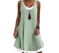 Women's Cotton Linen Midi Dress,Sleeveless U Neck Knee Length Midi Dresses,A-Line Tunic Mini Swing Sundress,Casual Beach Sun Dress (Green,L)