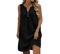Women's Cotton Linen Mini Dresses Sleeveless Button Front Shift Dress Casual Summer Solid Color V Neck Tank Dresses Plus Size Cotton Gauze Beach Holiday Sundress Above The Knee Black