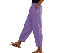 Women's Cotton Linen Pants UK Summer Casual Solid Color Trousers Dressy Trendy Drawstring High Waist Pants Lightweight Comfy Going Out Straight Leg Capri Pant with Pockets