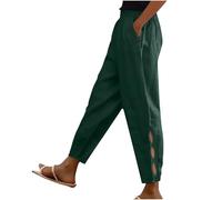 Women's Cotton Linen Pants UK Summer Casual Solid Color Trousers Dressy Trendy Drawstring High Waist Pants Lightweight Comfy Going Out Straight Leg Capri Pant with Pockets