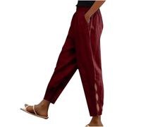 Women's Cotton Linen Pants UK Summer Casual Solid Color Trousers Dressy Trendy Drawstring High Waist Pants Lightweight Comfy Going Out Straight Leg Capri Pant with Pockets