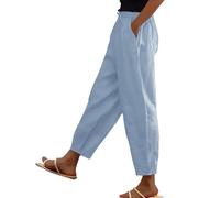 Women's Cotton Linen Pants UK Summer Casual Solid Color Trousers Dressy Trendy Drawstring High Waist Pants Lightweight Comfy Going Out Straight Leg Capri Pant with Pockets