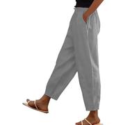 Women's Cotton Linen Pants UK Summer Casual Solid Color Trousers Dressy Trendy Drawstring High Waist Pants Lightweight Comfy Going Out Straight Leg Capri Pant with Pockets