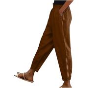 Women's Cotton Linen Pants UK Summer Casual Solid Color Trousers Dressy Trendy Drawstring High Waist Pants Lightweight Comfy Going Out Straight Leg Capri Pant with Pockets