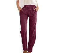 Women's Cotton Linen Pants with Pockets Elastic Waist Straight Leg Drawstring Work Trousers Slim Fit Solid Plain Casual Pants Summer Cosy Soft Long Trousers