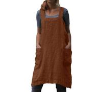 Women's Cotton Linen Pinafore Dress, Apron Style Housework & Gardening Dress with Big Pockets, Solid Color, Lightweight Smock for Cooking, Cleaning, Crafts, Practical & Versatile Apron,Khaki